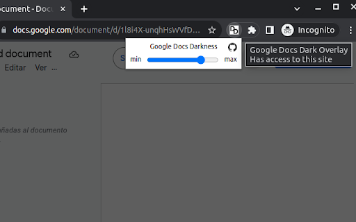 Google Docs Dark Overlay  from Chrome web store to be run with OffiDocs Chromium online