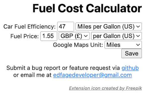 Google Maps Fuel Cost Calculator  from Chrome web store to be run with OffiDocs Chromium online