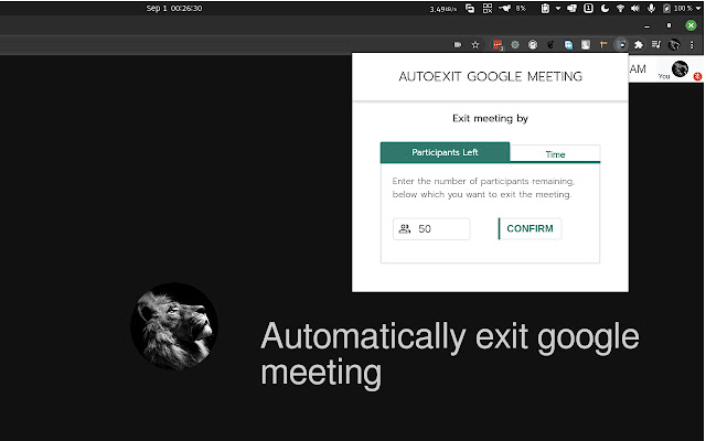 Google Meet Auto Exit  from Chrome web store to be run with OffiDocs Chromium online