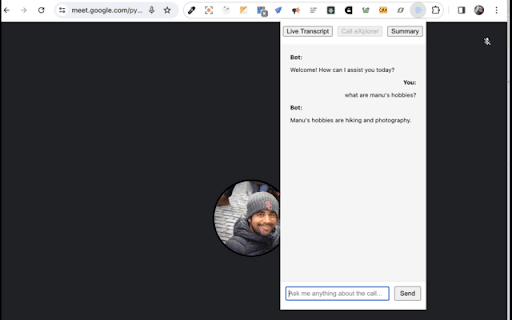 Google Meet Call eXplorer  from Chrome web store to be run with OffiDocs Chromium online