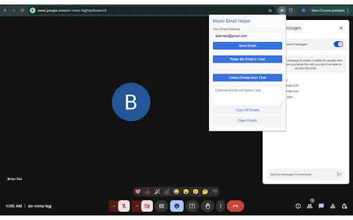 Google Meet Email Helper  from Chrome web store to be run with OffiDocs Chromium online