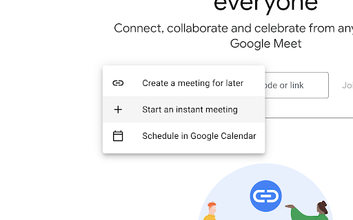 Google Meet Now  from Chrome web store to be run with OffiDocs Chromium online