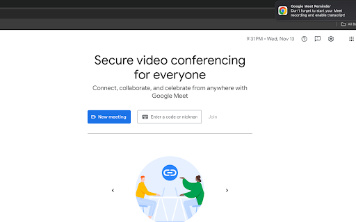 Google Meet Recording Reminder  from Chrome web store to be run with OffiDocs Chromium online