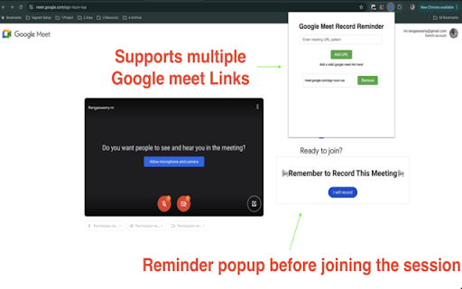 Google Meet Record Reminder  from Chrome web store to be run with OffiDocs Chromium online