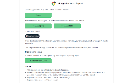 Google Podcasts Export  from Chrome web store to be run with OffiDocs Chromium online