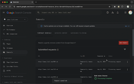 Google Search Console Bulk Index Cleaner  from Chrome web store to be run with OffiDocs Chromium online