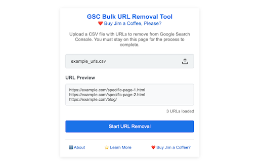 Google Search Console Bulk URL Removal Tool (FREE)  from Chrome web store to be run with OffiDocs Chromium online