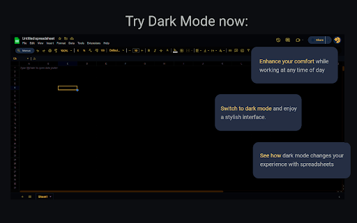 Google Sheets Dark Mode  from Chrome web store to be run with OffiDocs Chromium online