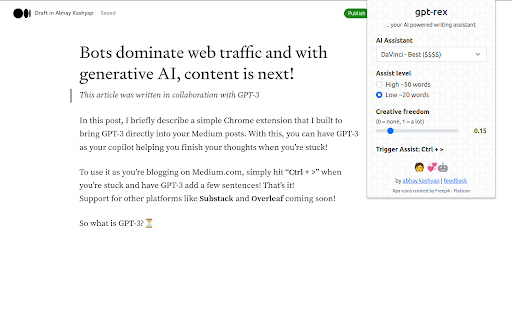 GPT Rex AI assist for blogging on Medium  from Chrome web store to be run with OffiDocs Chromium online