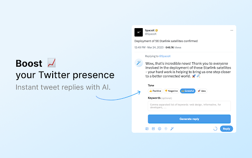 GPTweet: Instant Twitter replies using AI  from Chrome web store to be run with OffiDocs Chromium online