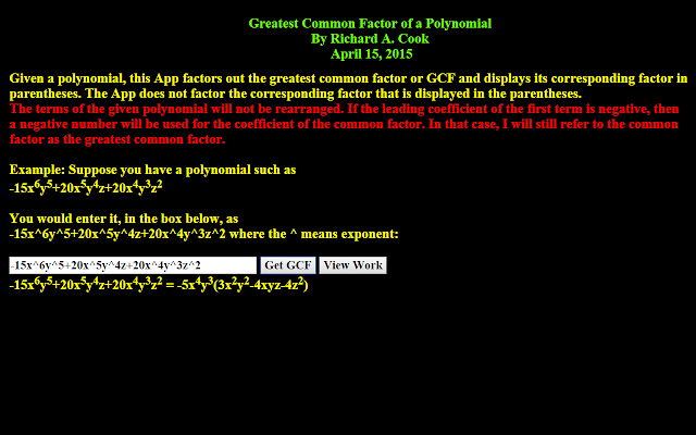 Greatest Common Factor of a Polynomial  from Chrome web store to be run with OffiDocs Chromium online
