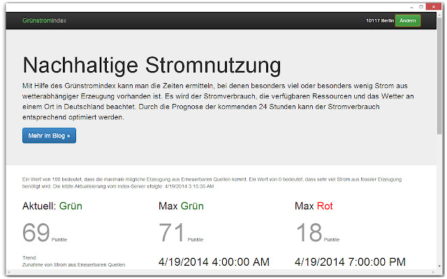 Grünstromindex Nachhaltig Strom verbrauchen  from Chrome web store to be run with OffiDocs Chromium online