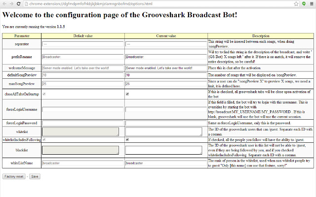 Grooveshark Broadcast Bot  from Chrome web store to be run with OffiDocs Chromium online