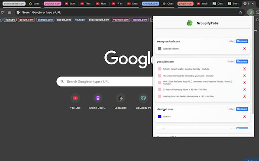 GroupifyTabs  from Chrome web store to be run with OffiDocs Chromium online