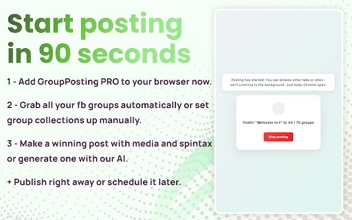 Group Posting PRO: Facebook™️ Group Bulk Poster Ban Free  Hassle Free  from Chrome web store to be run with OffiDocs Chromium online