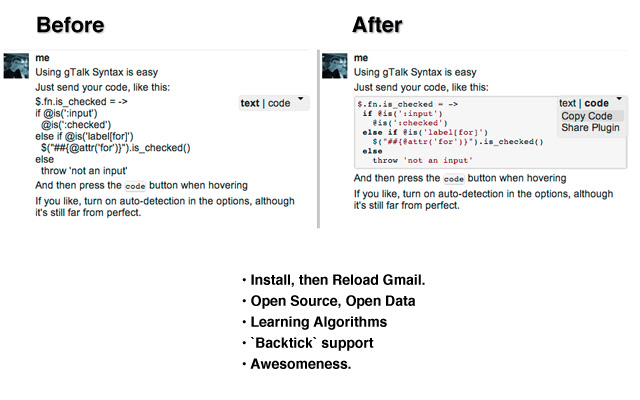 gTalk Syntax Highlighting  from Chrome web store to be run with OffiDocs Chromium online