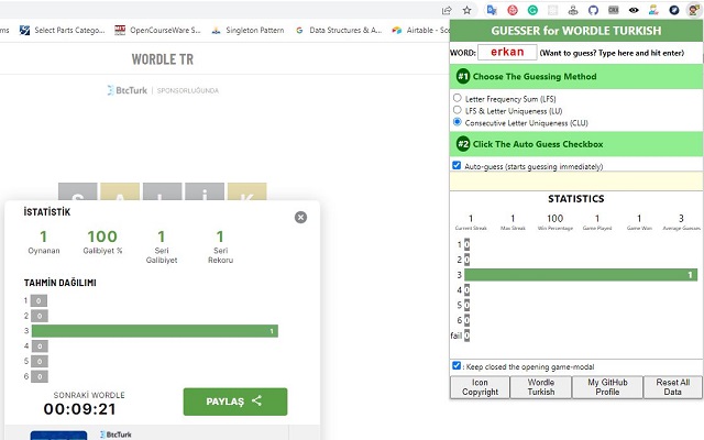 Guesser for Wordle Turkish  from Chrome web store to be run with OffiDocs Chromium online