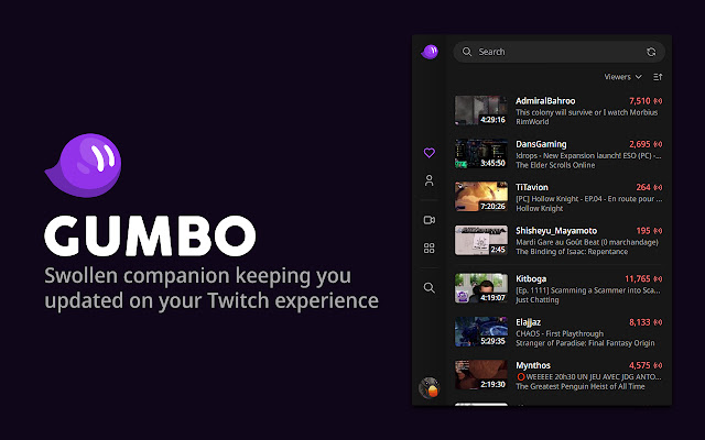 Gumbo : Twitch Companion de la boutique en ligne Chrome sera exécuté avec OffiDocs Chromium en ligne
