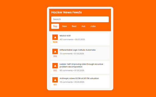 Hacker News Feeds  from Chrome web store to be run with OffiDocs Chromium online