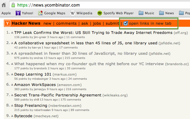 Hacker News New Tab Links  from Chrome web store to be run with OffiDocs Chromium online