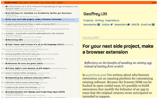 Hacker News preview  from Chrome web store to be run with OffiDocs Chromium online