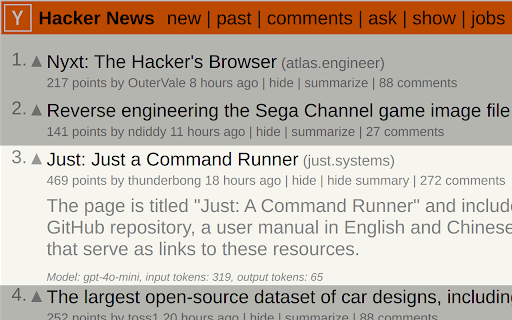 Hacker News TL;DR  from Chrome web store to be run with OffiDocs Chromium online