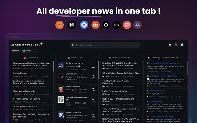 Hackertab.dev developer news  from Chrome web store to be run with OffiDocs Chromium online
