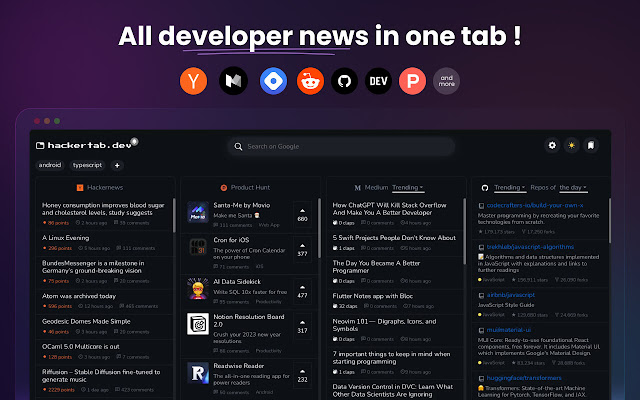 Hackertab.dev developer news  from Chrome web store to be run with OffiDocs Chromium online