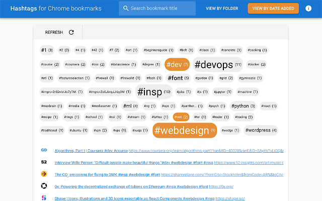 Hashtags for Chrome bookmarks  from Chrome web store to be run with OffiDocs Chromium online