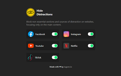 Hide Distractions  from Chrome web store to be run with OffiDocs Chromium online