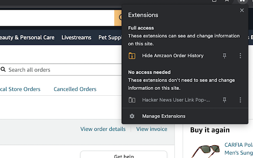 Hide Items From Amazon Order History  from Chrome web store to be run with OffiDocs Chromium online
