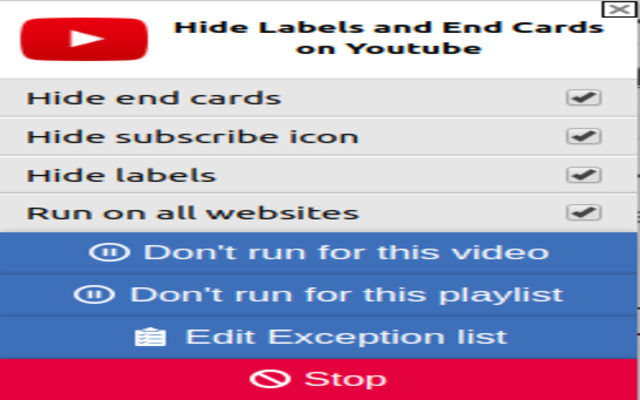 Hide Labels and End Cards on Youtube  from Chrome web store to be run with OffiDocs Chromium online