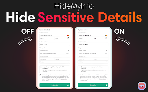 HideMyInfo Hide Sensitive Details  from Chrome web store to be run with OffiDocs Chromium online
