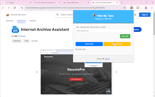 HideMyTabs  from Chrome web store to be run with OffiDocs Chromium online