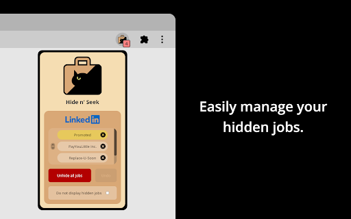 Hide n Seek: Hide Promoted Jobs  Companies  from Chrome web store to be run with OffiDocs Chromium online