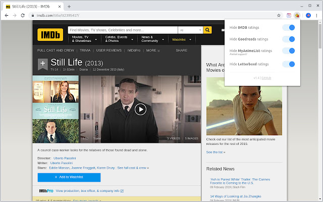 Hide ratings (IMDB,Goodreads,MyAnimeList,...)  from Chrome web store to be run with OffiDocs Chromium online