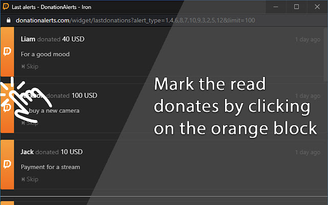 Hide read donates for DonationAlerts  from Chrome web store to be run with OffiDocs Chromium online