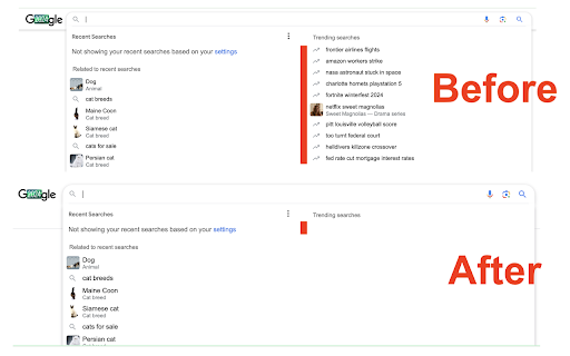 Hide Trending Search Suggestions  from Chrome web store to be run with OffiDocs Chromium online