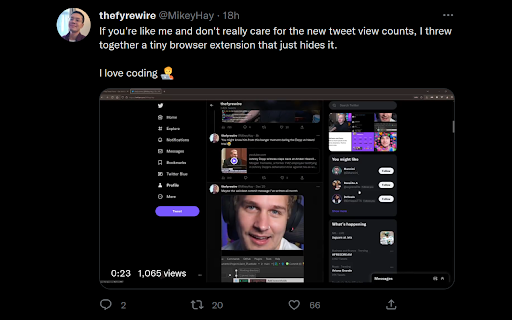 Hide Tweet Views  from Chrome web store to be run with OffiDocs Chromium online