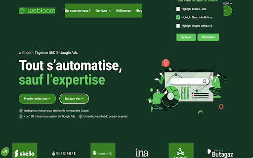 Highlight Broken Links, Alts, and UX Changes for SEO | Webloom  from Chrome web store to be run with OffiDocs Chromium online