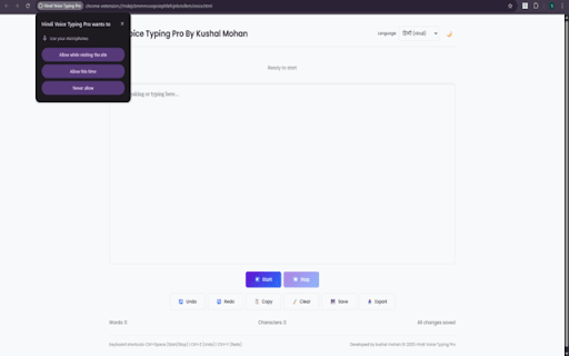 Hindi Voice Typing Pro Kushal Mohan  from Chrome web store to be run with OffiDocs Chromium online