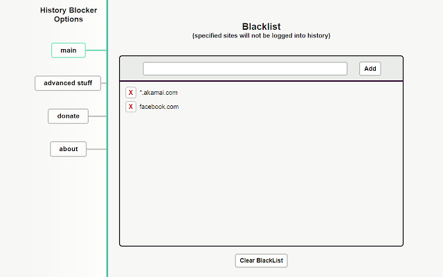 History Blocker by Site  from Chrome web store to be run with OffiDocs Chromium online