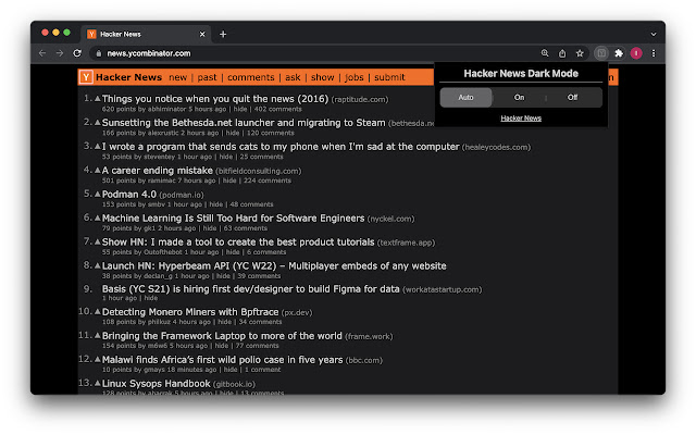 HN Dark Mode  from Chrome web store to be run with OffiDocs Chromium online