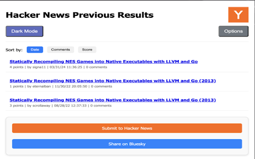 HNPES Hacker News Previous Entry Search  from Chrome web store to be run with OffiDocs Chromium online