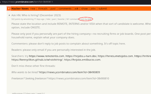 HN post comments sorted  from Chrome web store to be run with OffiDocs Chromium online