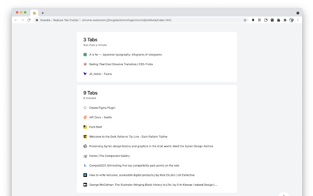 Hoardie Reduce Tab Clutter  from Chrome web store to be run with OffiDocs Chromium online