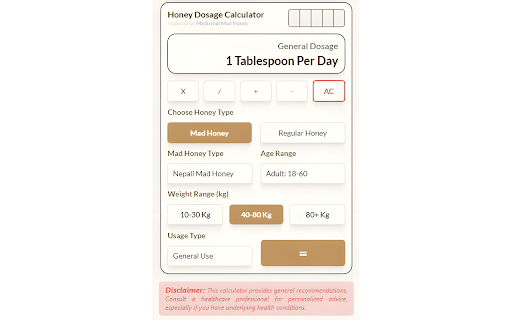 Honey Dosage Calculator  from Chrome web store to be run with OffiDocs Chromium online