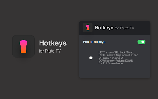 Hotkeys for PlutoTV: keyboard shortcuts  from Chrome web store to be run with OffiDocs Chromium online