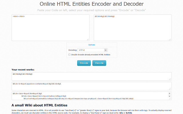 HTML Entities Encoder and Decoder  from Chrome web store to be run with OffiDocs Chromium online