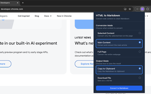 HTML to Markdown Converter  from Chrome web store to be run with OffiDocs Chromium online